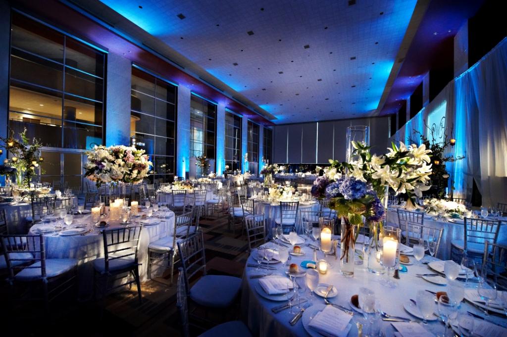 Ice blue linens were layered with metallic silver vine overlays and silver