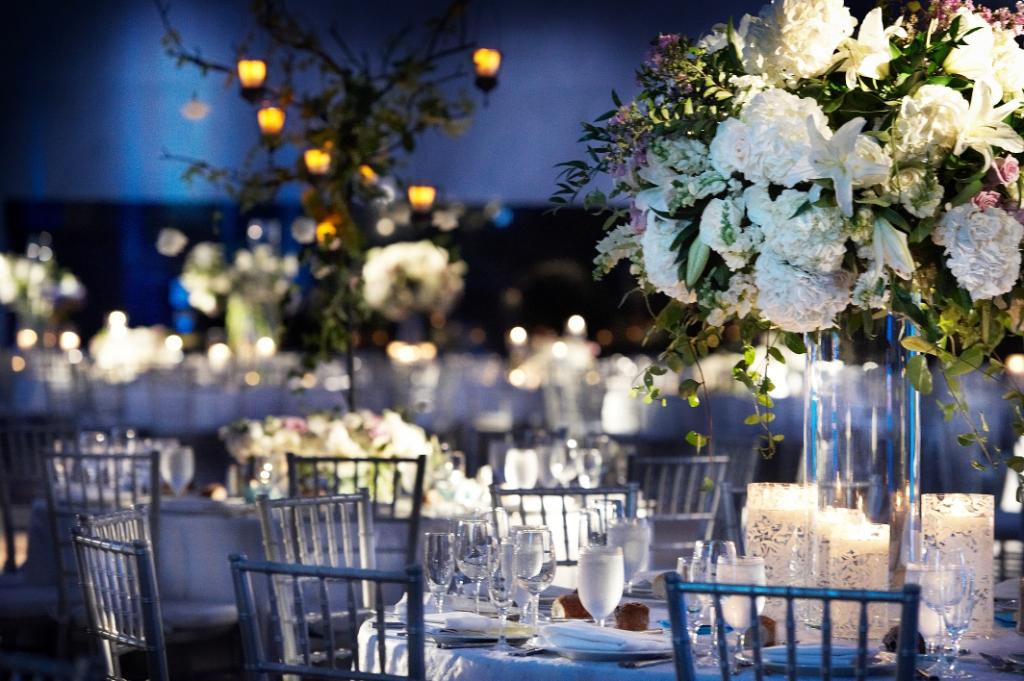 wedding Reception Decor White Flowers And Blue Lighting