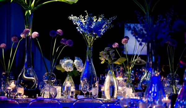 Purple Flowers Light Up Blue tables Evantine Design Four Seasons Hotels Mitzvahs