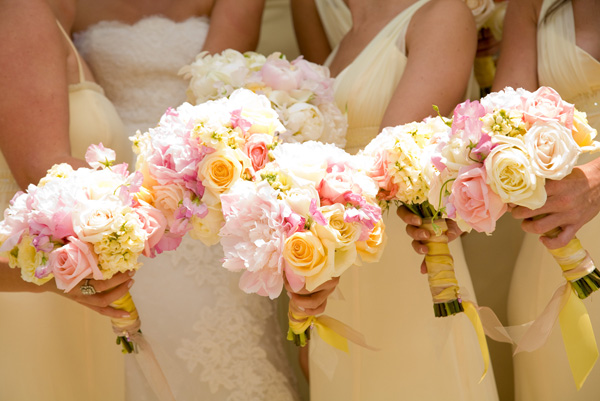 Pink yellow rose wedding flowers